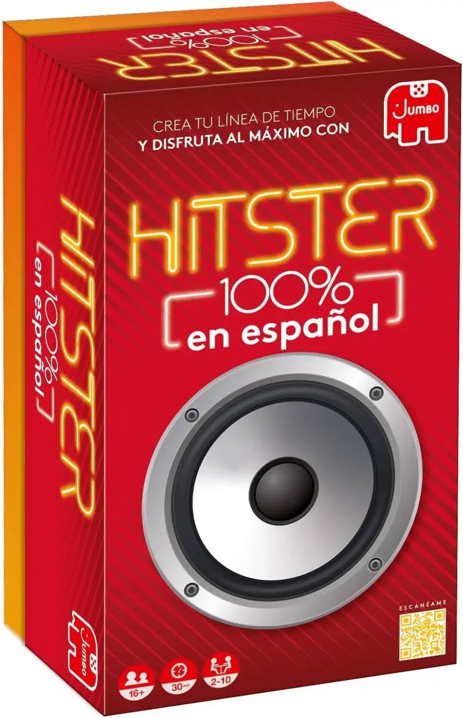 Caja del juego de mesa Hitster 100% en Español con un altavoz en el centro