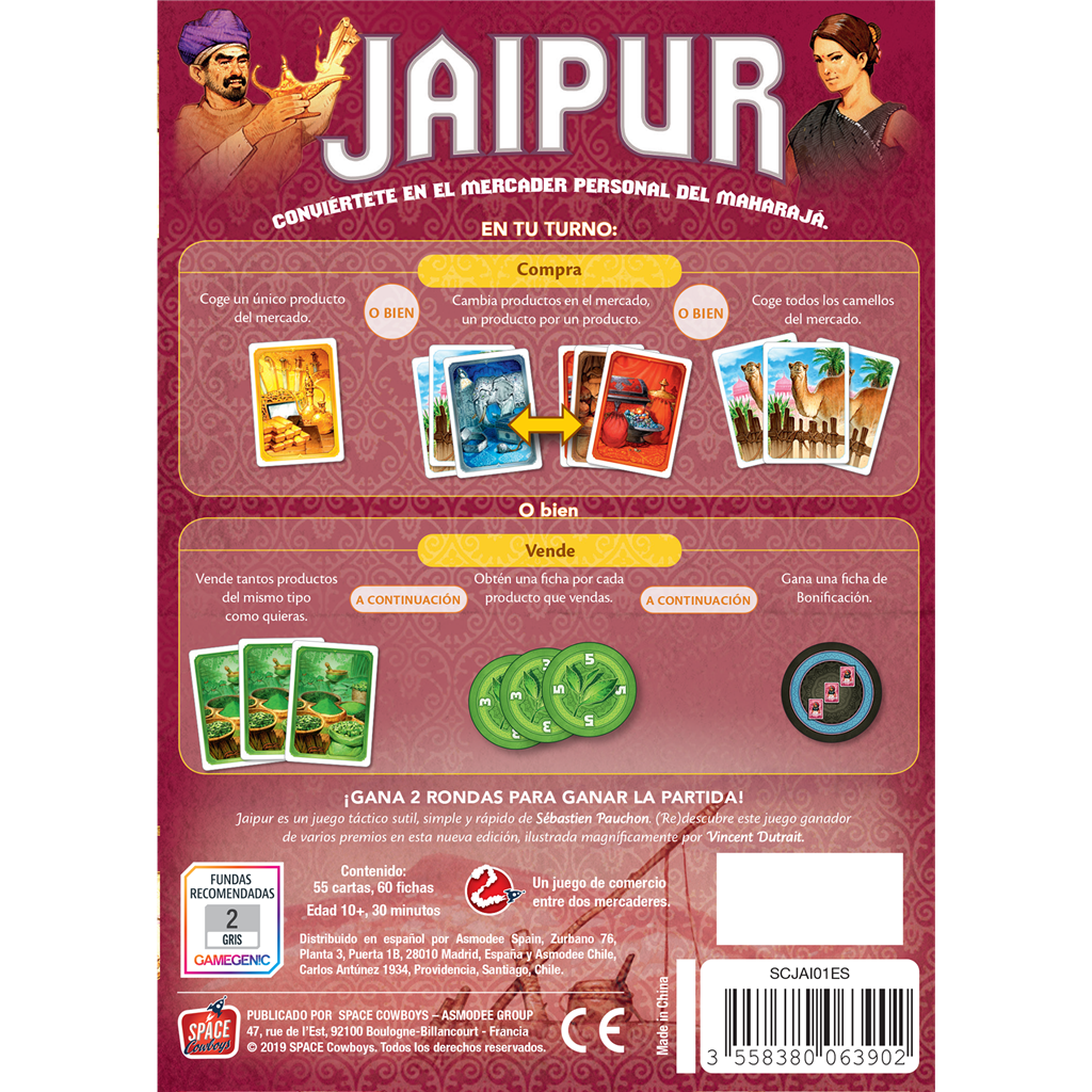 Parte trasera de la caja del juego de cartas Jaipur El Duelo de los Mercaderes
