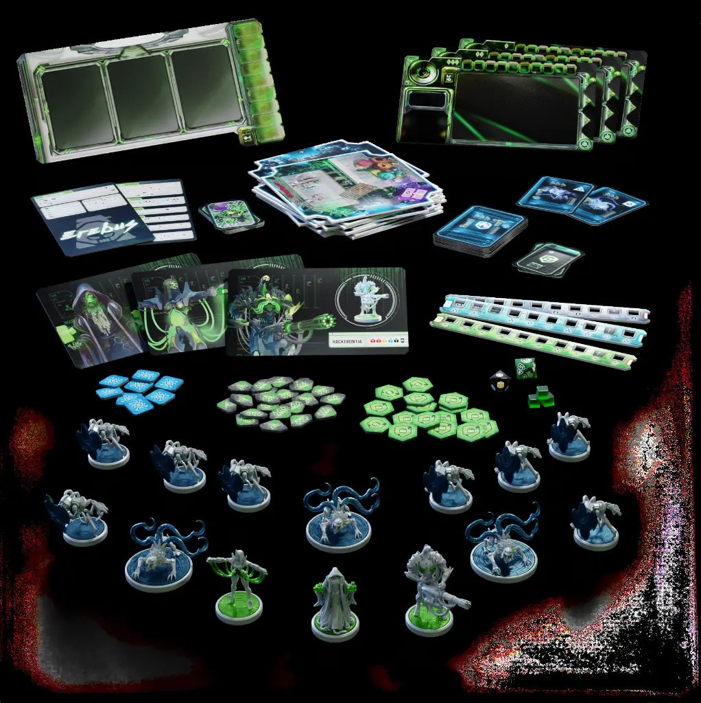 Componentes del juego de mesa The Breach: Erebus - Castellano, incluyendo miniaturas, cartas, dados y tableros