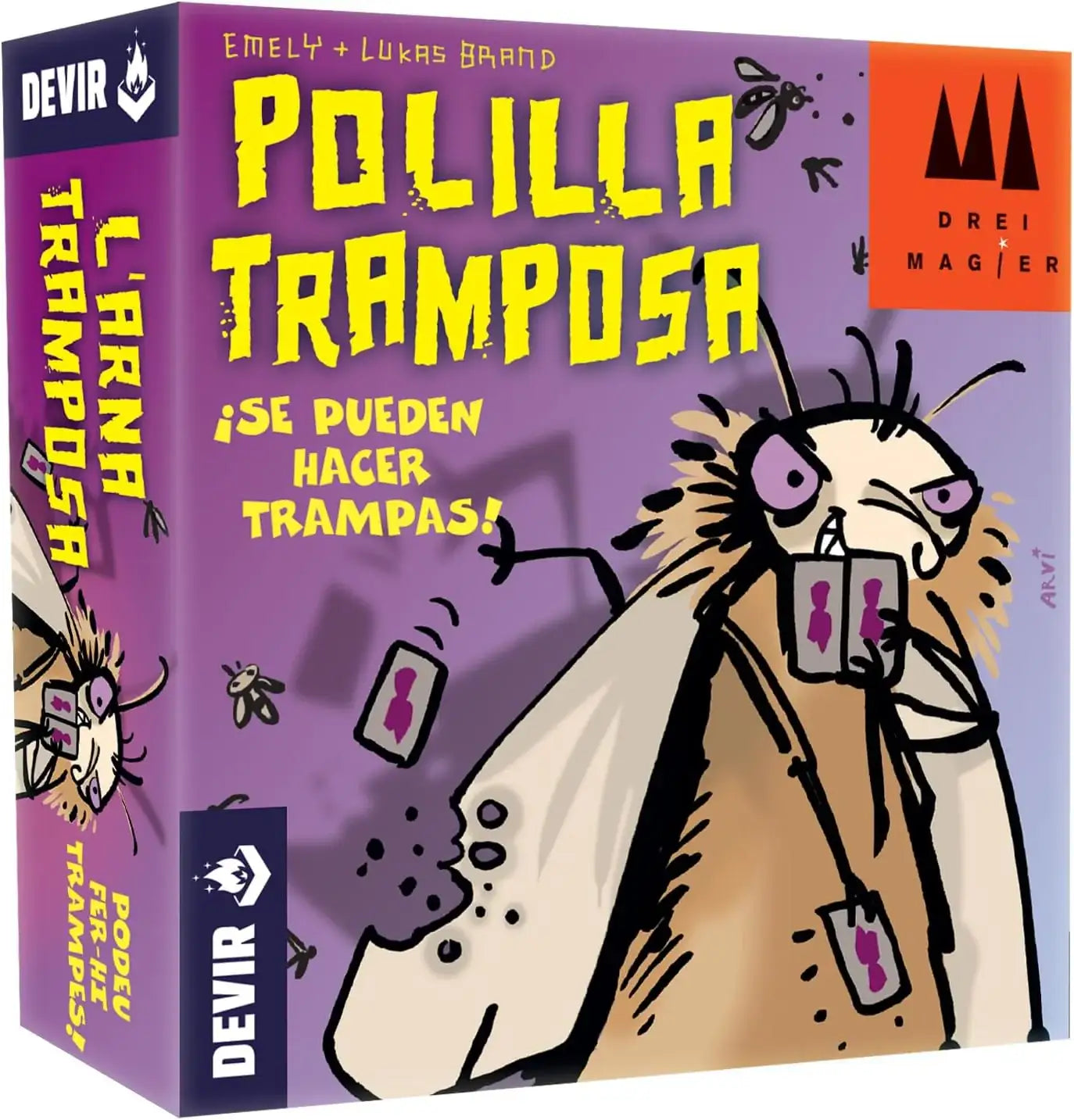 Caja del juego de mesa La Polilla Tramposa con una polilla de dibujos animados haciendo trampas con cartas