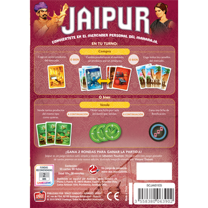 Parte trasera de la caja del juego de cartas Jaipur El Duelo de los Mercaderes