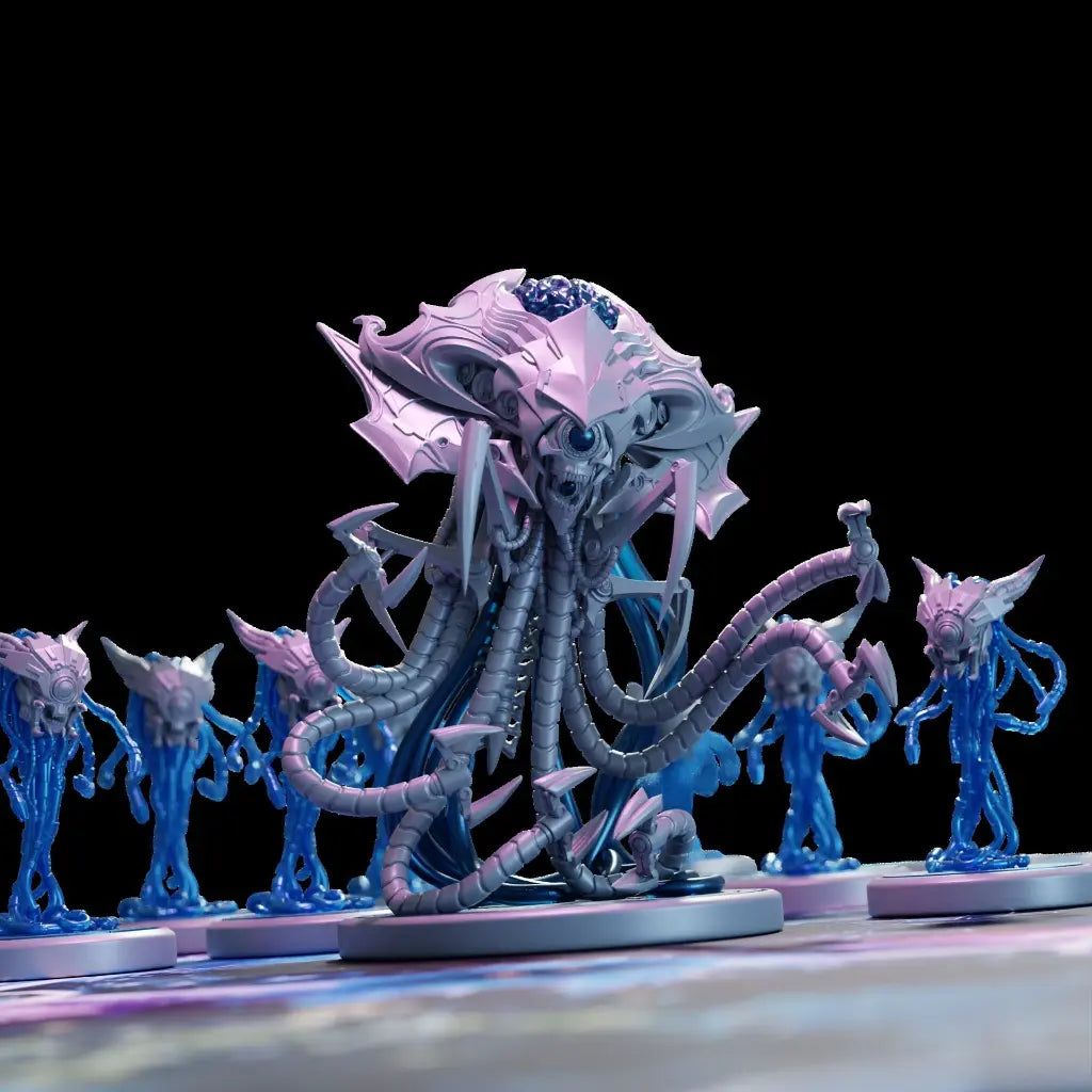 Miniaturas de The Breach - Castellano, con una figura grande central y varias más pequeñas azules a su alrededor