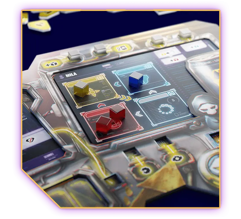 Tablero de juego The Breach - Castellano con cubos de colores y elementos futuristas