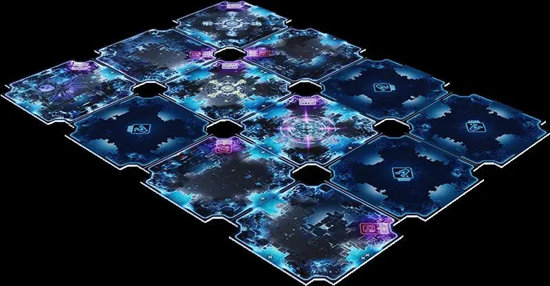 Tablero de juego The Breach - Castellano con módulos hexagonales de color azul y morado