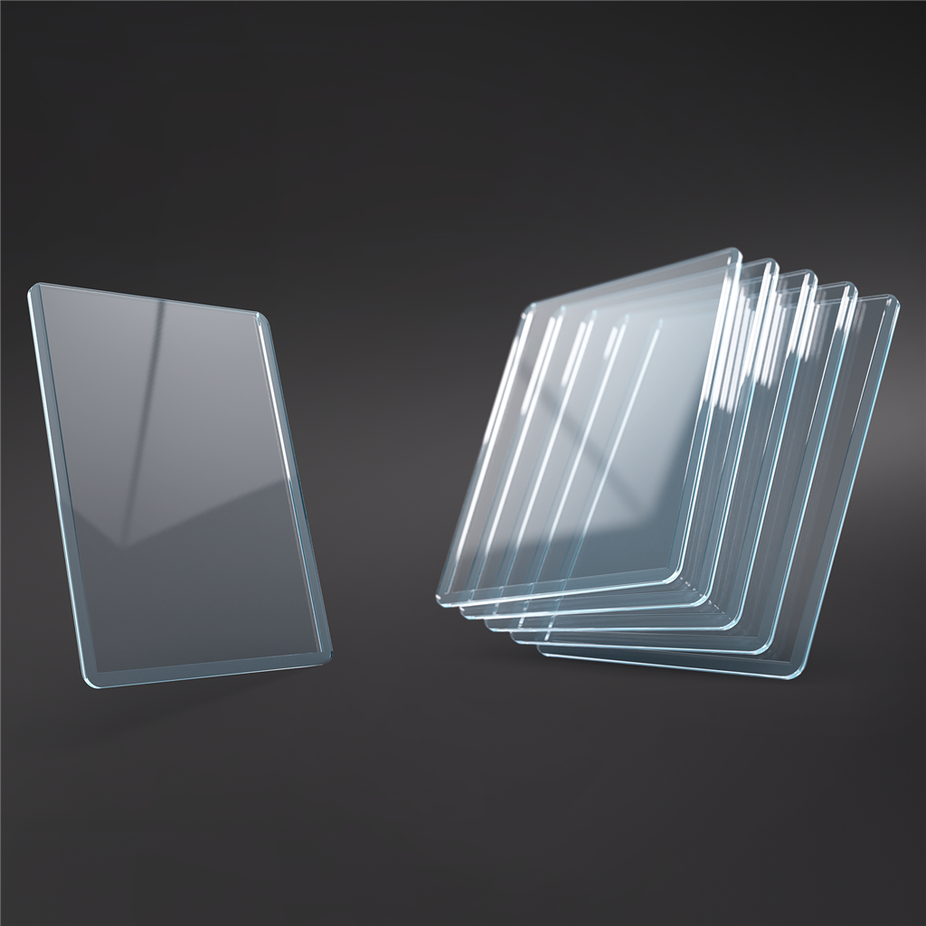 Protectores de cartas Gamegenic TOPLOADING Exoshields 35pt (25 unidades) apilados y uno de pie