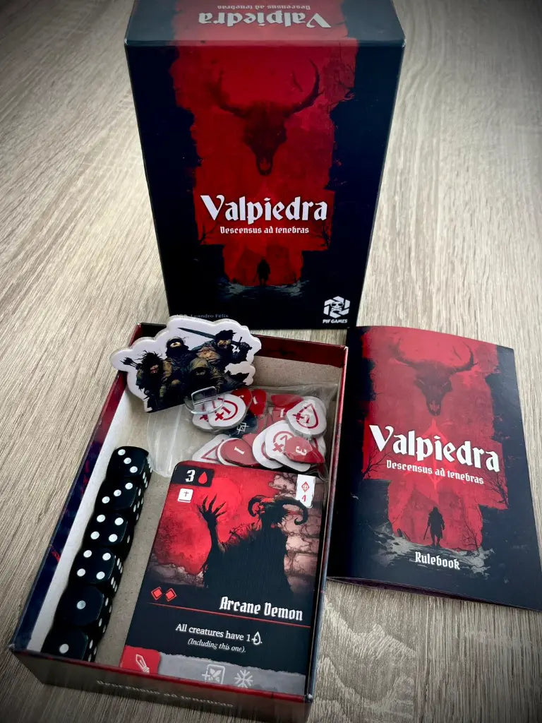 Valpiedra: Descensus ad Tenebras, juego de mesa con caja, manual, dados y cartas