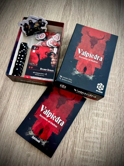 Juego de mesa Valpiedra: Descensus ad Tenebras con caja, libro de reglas, dados y cartas