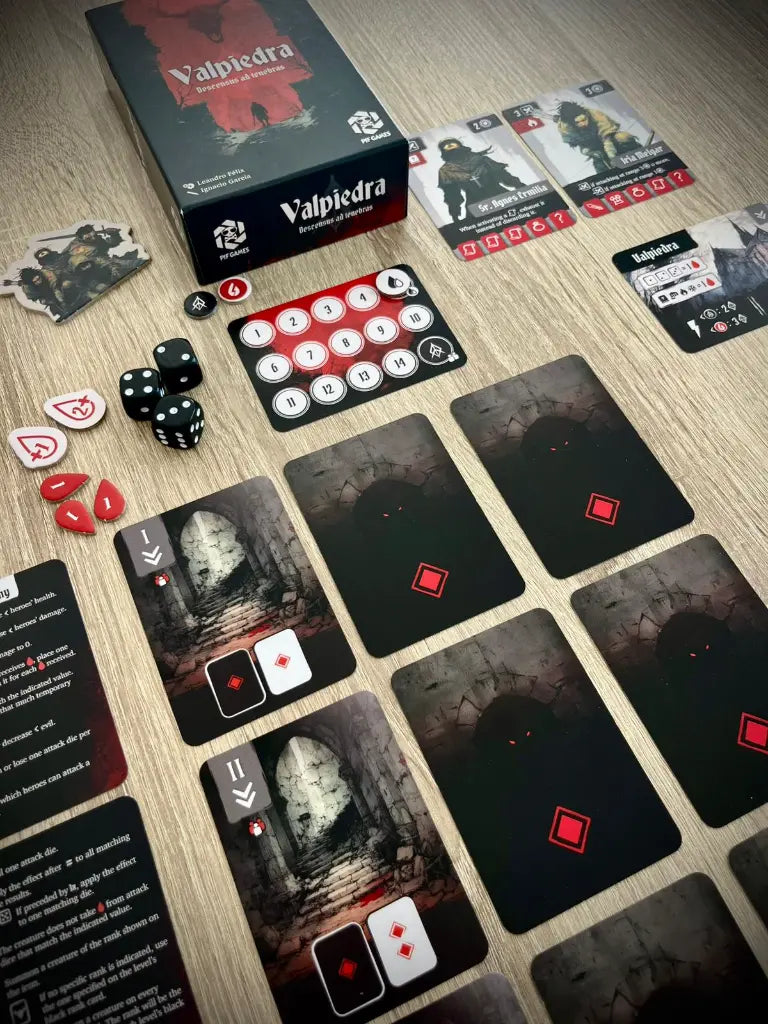 Juego de mesa Valpiedra: Descensus ad Tenebras con cartas, dados y fichas