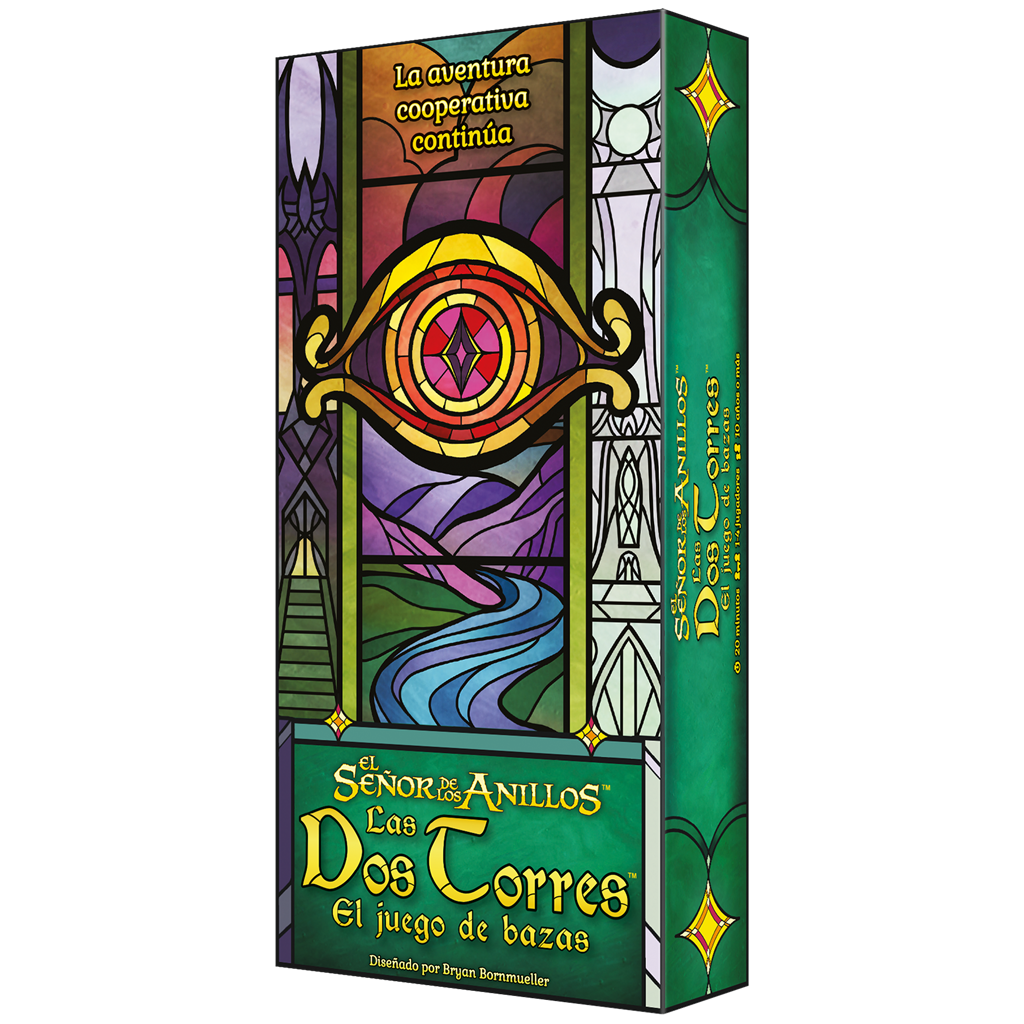 Caja del juego de bazas Las Dos Torres, con diseño de vidriera del Ojo de Sauron y un río