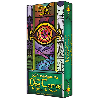 Caja del juego de bazas Las Dos Torres, con diseño de vidriera del Ojo de Sauron y un río