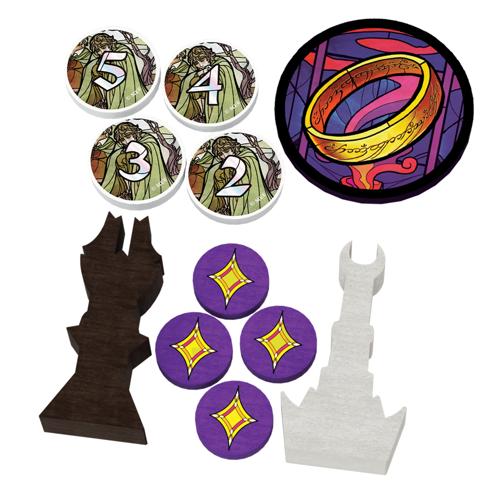 Componentes de Las Dos Torres - El Juego de Bazas: fichas de personaje, fichas de anillo, fichas de estrella y torres
