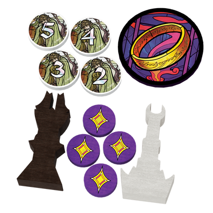 Componentes de Las Dos Torres - El Juego de Bazas: fichas de personaje, fichas de anillo, fichas de estrella y torres