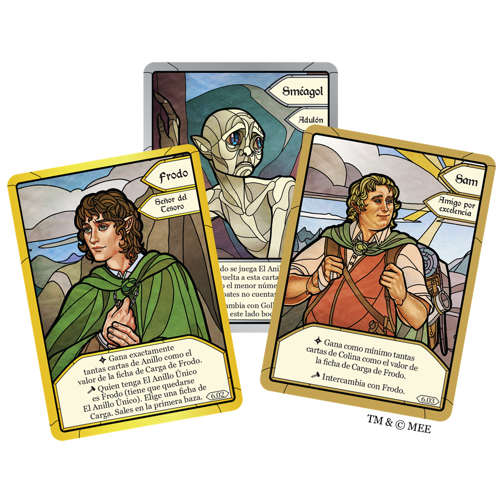 Tres cartas de juego de Las Dos Torres - El Juego de Bazas con Frodo, Sam y Sméagol
