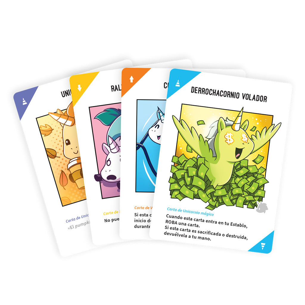 Cuatro cartas del juego Unstable Unicorns (Edición en Castellano) con ilustraciones de unicornios