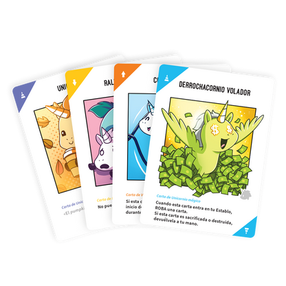 Cuatro cartas del juego Unstable Unicorns (Edición en Castellano) con ilustraciones de unicornios